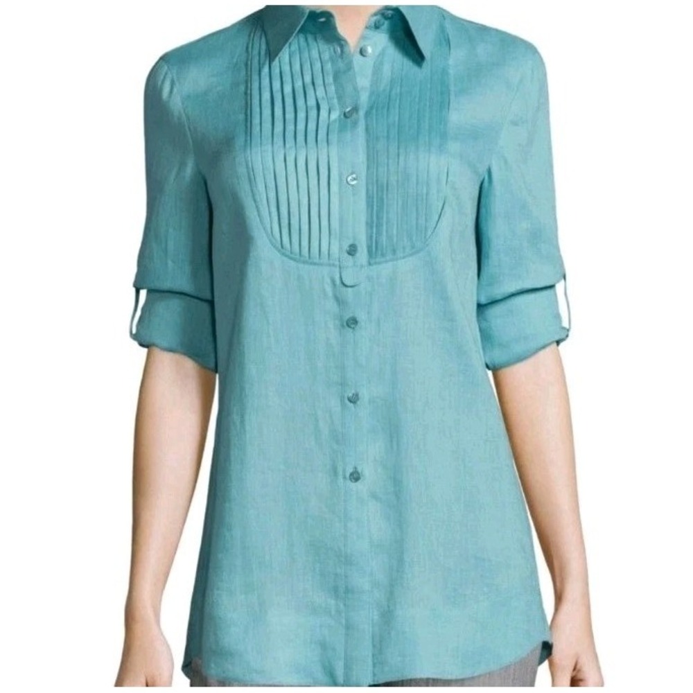 Armani Collezioni Linen Long-Sleeve Pleated-Bib Tunic Nile Green Button Front
